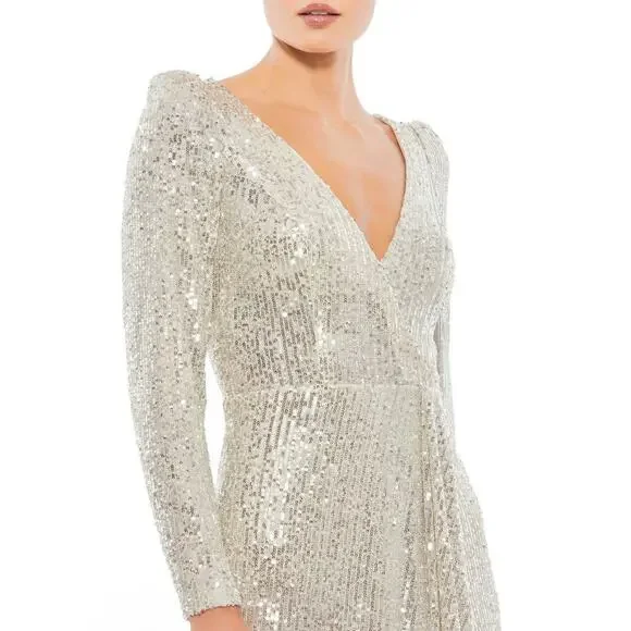 FLAWED - Mac Duggal Sequin Wrap Evening Gown Silver 8 #8490 - Picture 3 of 13